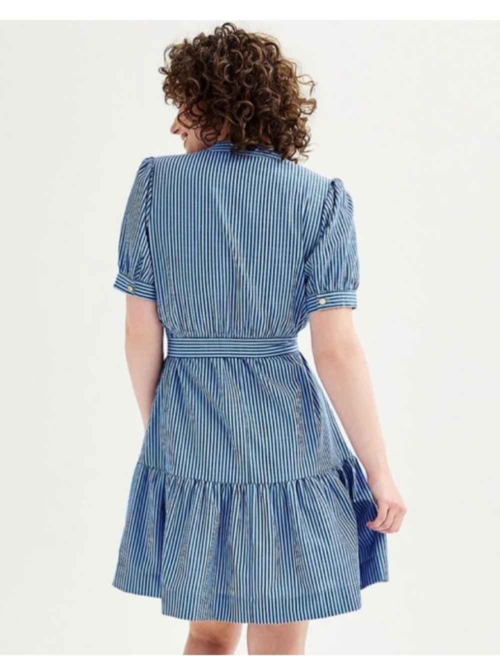 Draper James Blue and White Striped Midi Shirt Dress with Tie Waist - Picture 3 of 11